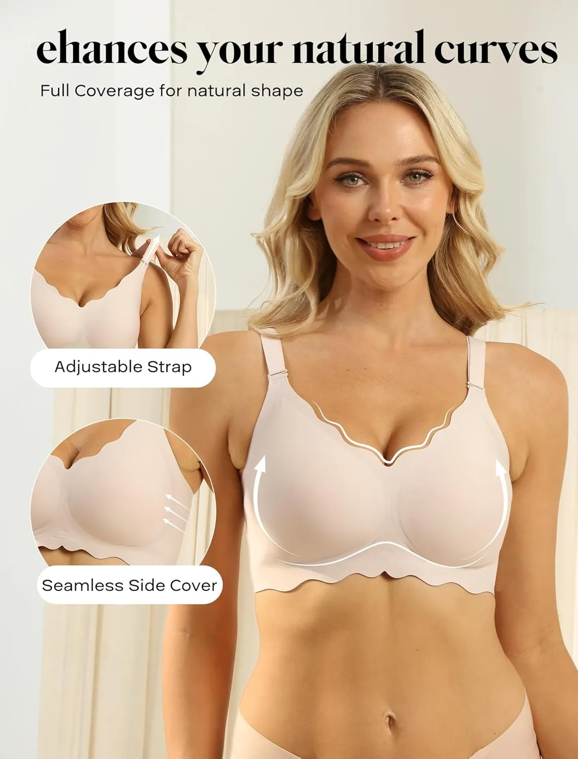 Seamless Wirefree Bra No Underwire Deep V Large Bust Women U-Shaped Back Lace Trim T-Shirt Bra