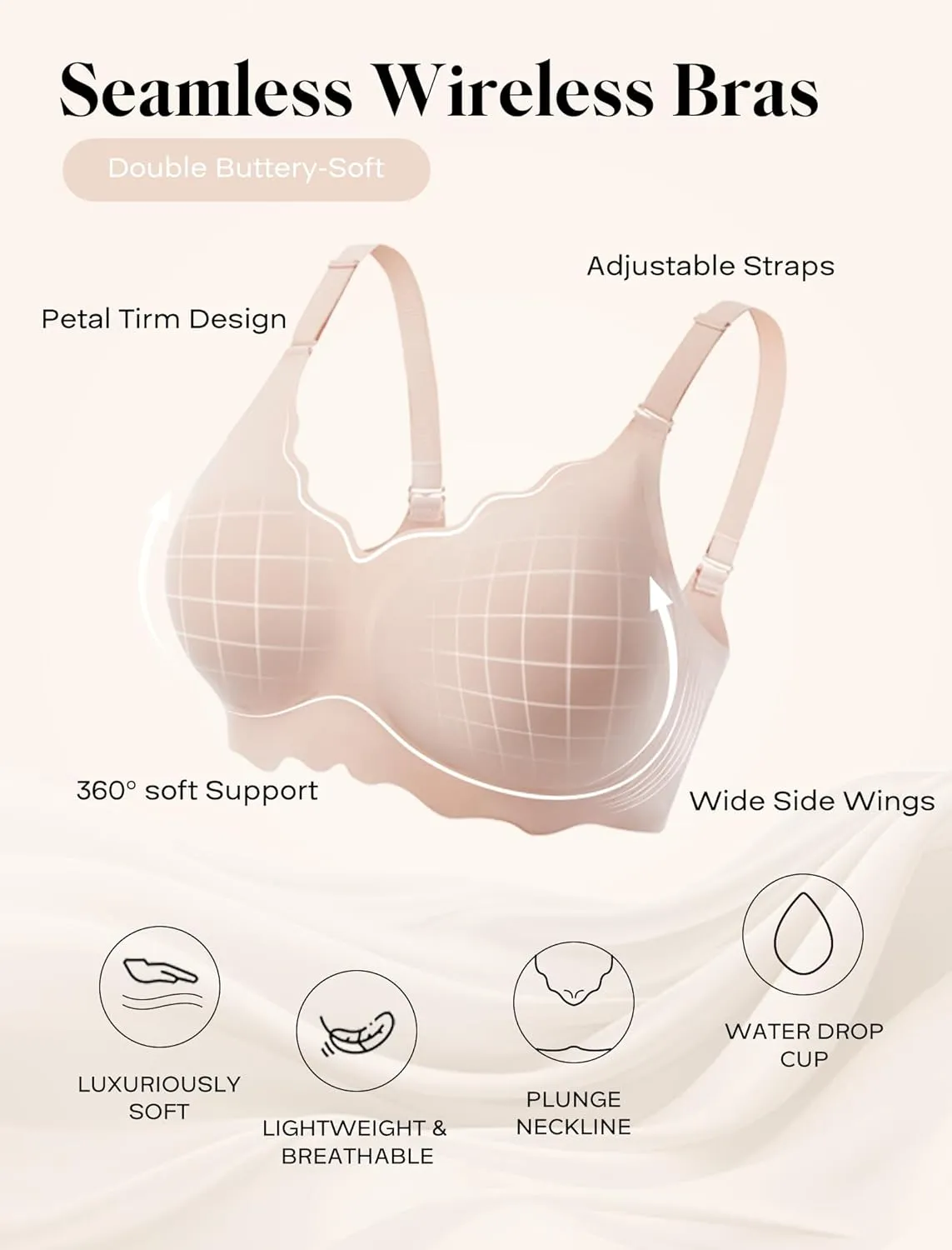 Seamless Wirefree Bra No Underwire Deep V Large Bust Women U-Shaped Back Lace Trim T-Shirt Bra