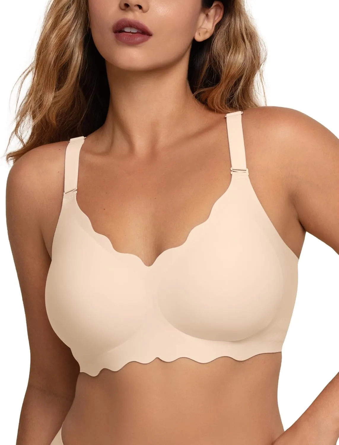 Seamless Wirefree Bra No Underwire Deep V Large Bust Women U-Shaped Back Lace Trim T-Shirt Bra
