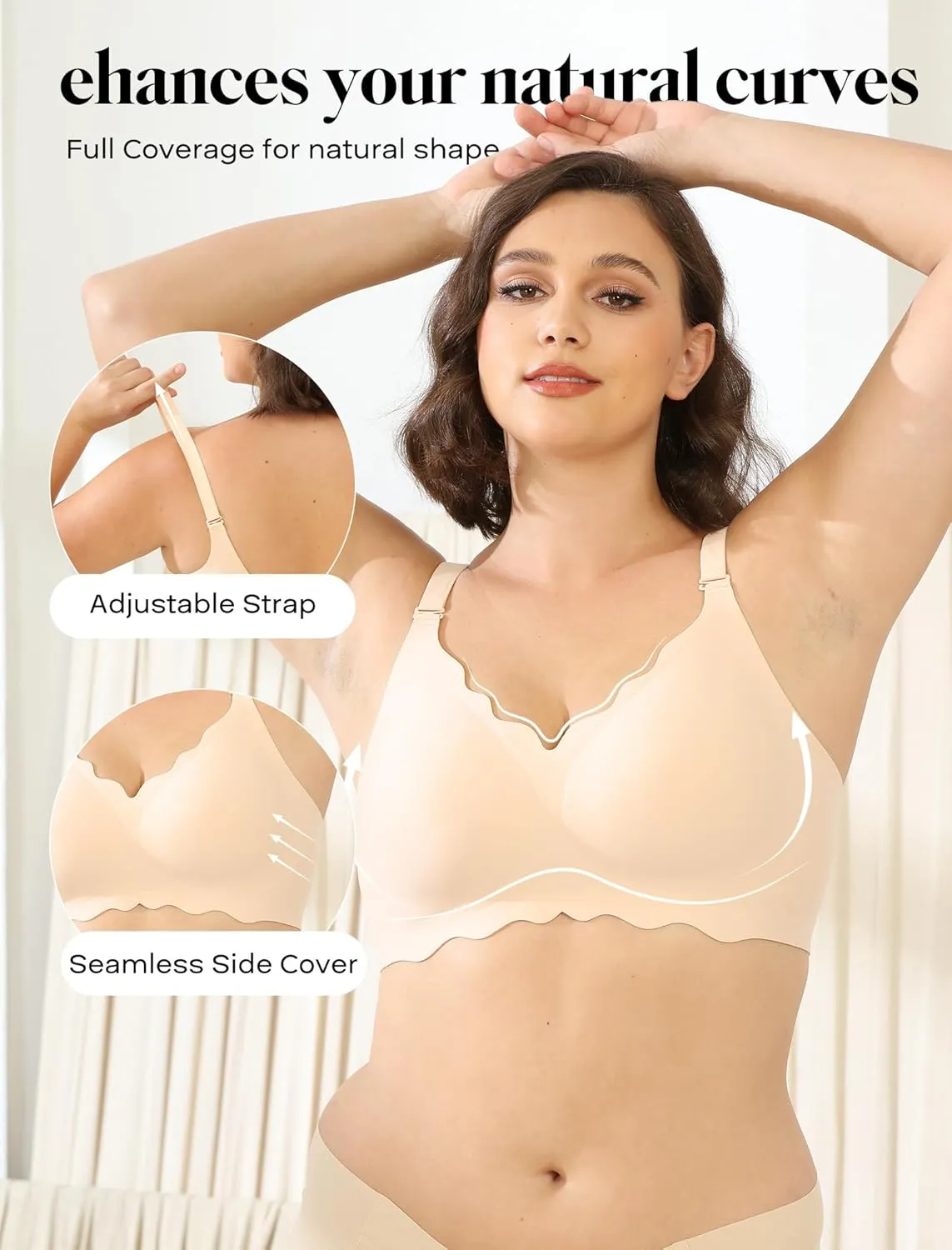 Seamless Wirefree Bra No Underwire Deep V Large Bust Women U-Shaped Back Lace Trim T-Shirt Bra