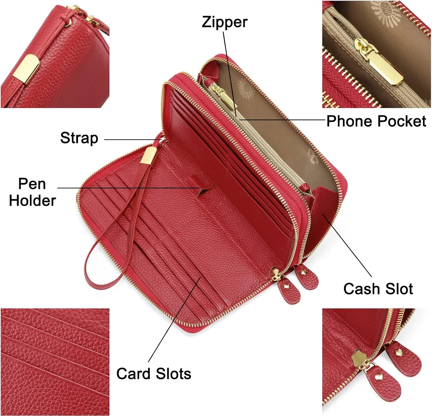 SENDEFN Leather Women Wallet RFID Blocking Zipper Around Phone Holder Clutch Wristlet Large Capacity
