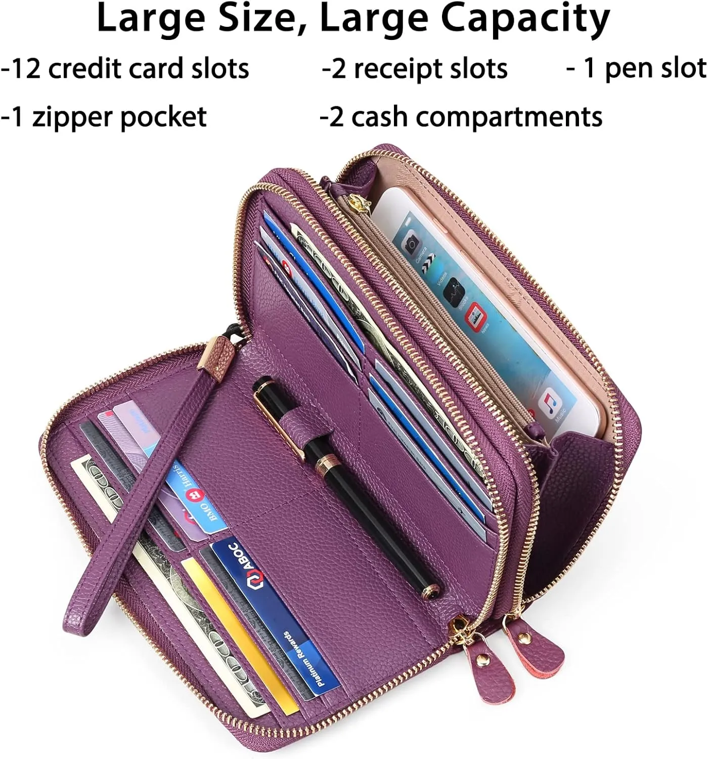 SENDEFN Leather Women Wallet RFID Blocking Zipper Around Phone Holder Clutch Wristlet Large Capacity
