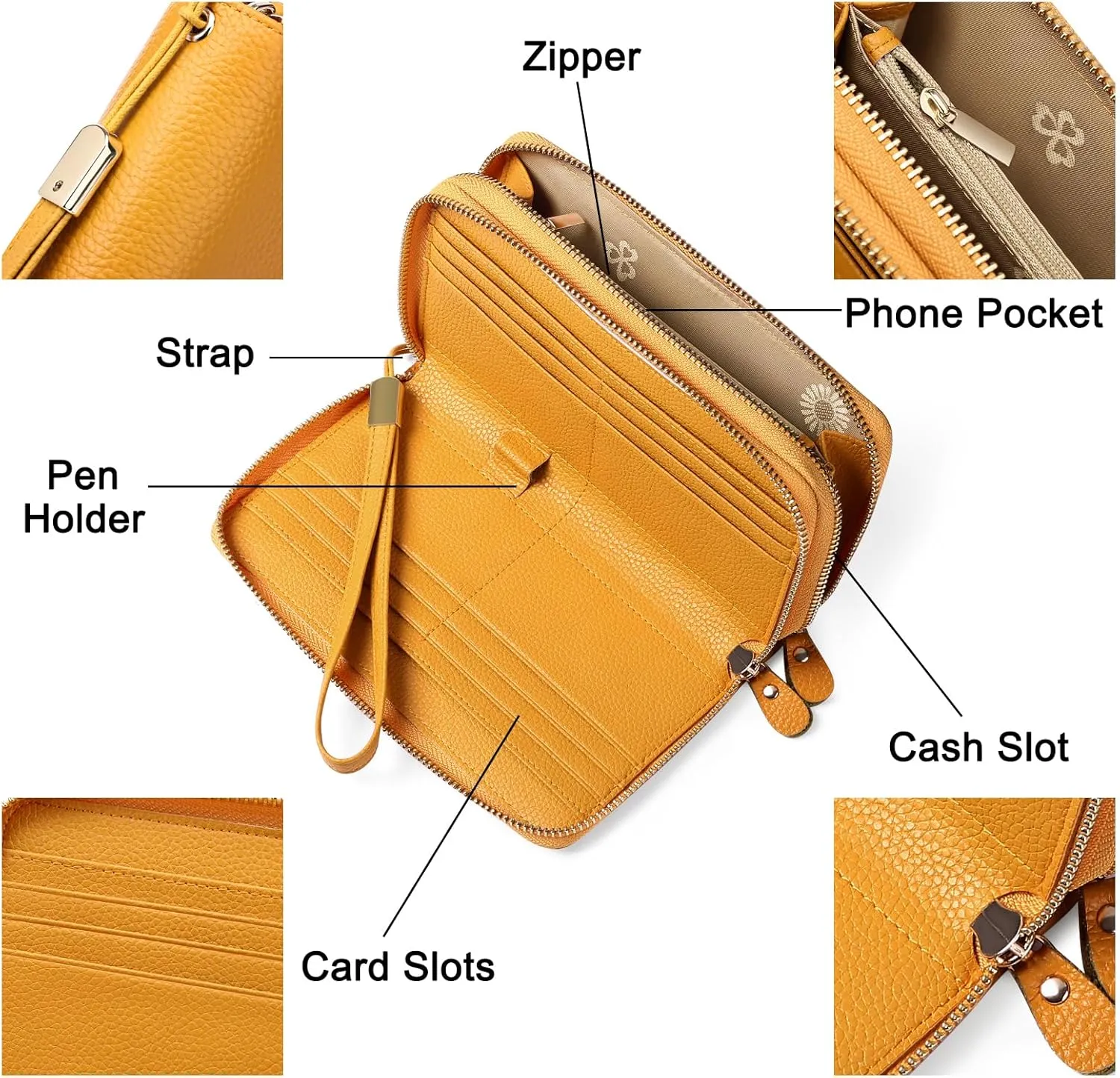 SENDEFN Leather Women Wallet RFID Blocking Zipper Around Phone Holder Clutch Wristlet Large Capacity