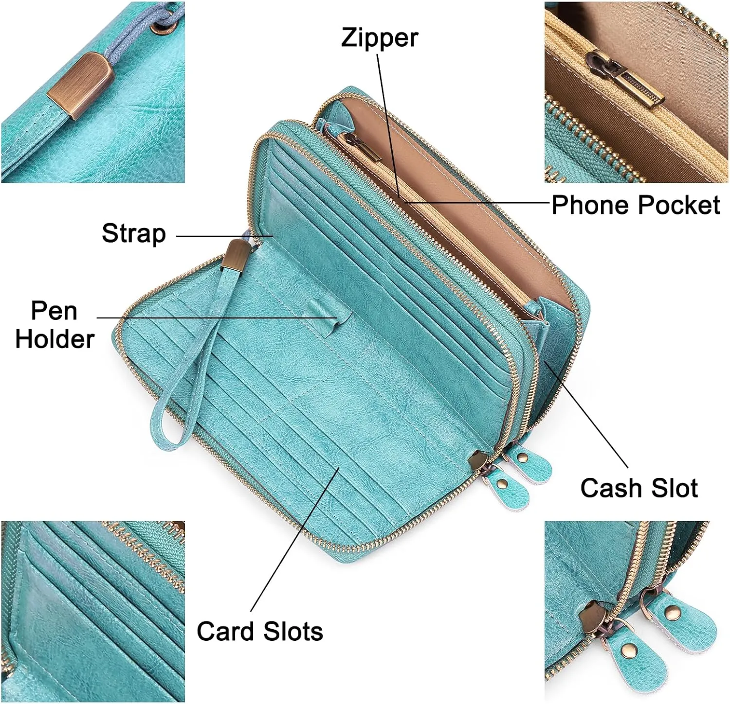 SENDEFN Leather Women Wallet RFID Blocking Zipper Around Phone Holder Clutch Wristlet Large Capacity