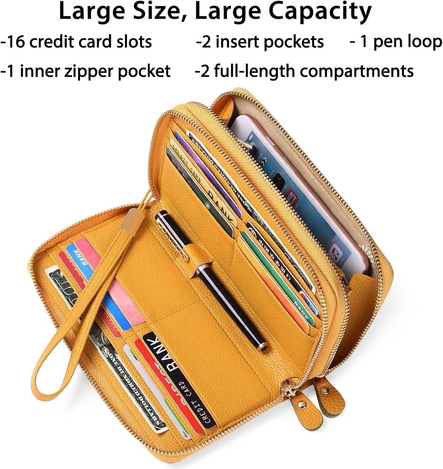 SENDEFN Leather Women Wallet RFID Blocking Zipper Around Phone Holder Clutch Wristlet Large Capacity