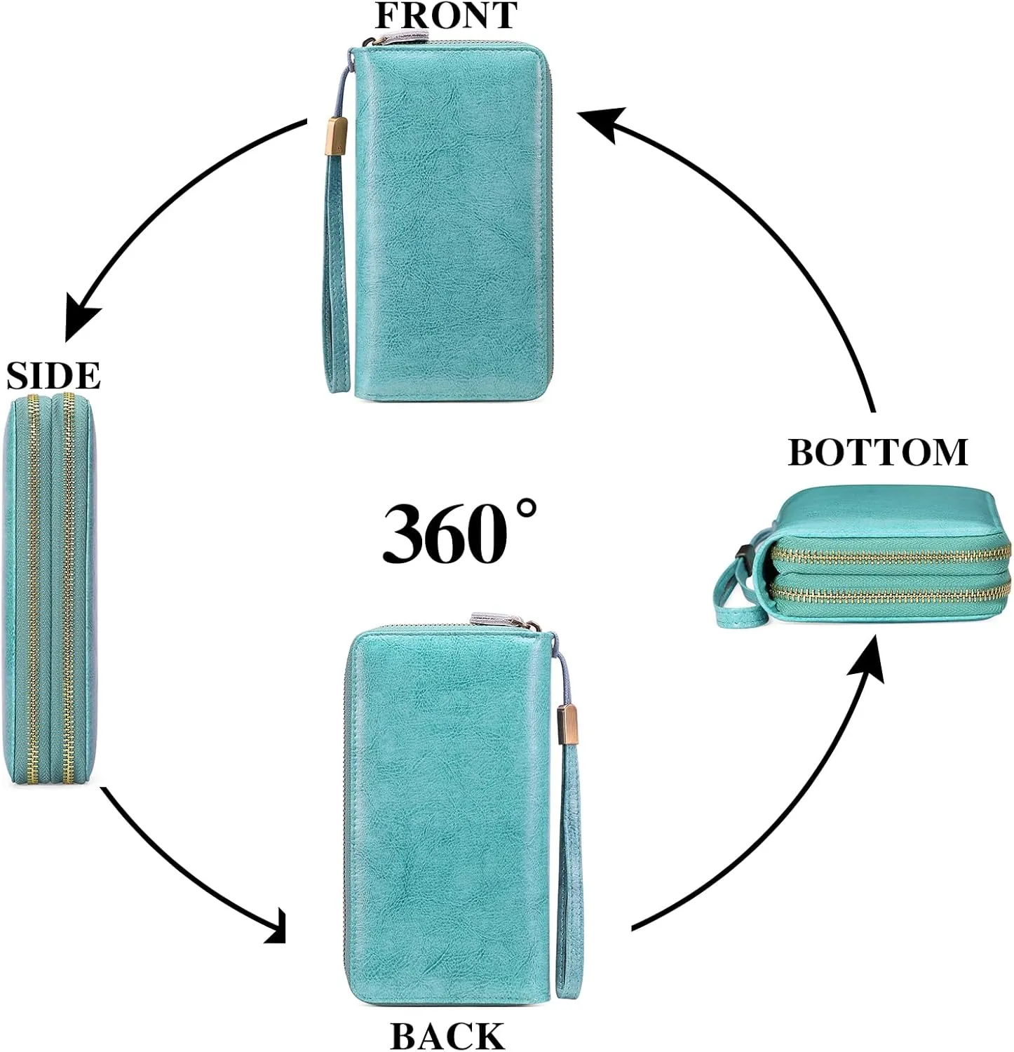 SENDEFN Leather Women Wallet RFID Blocking Zipper Around Phone Holder Clutch Wristlet Large Capacity