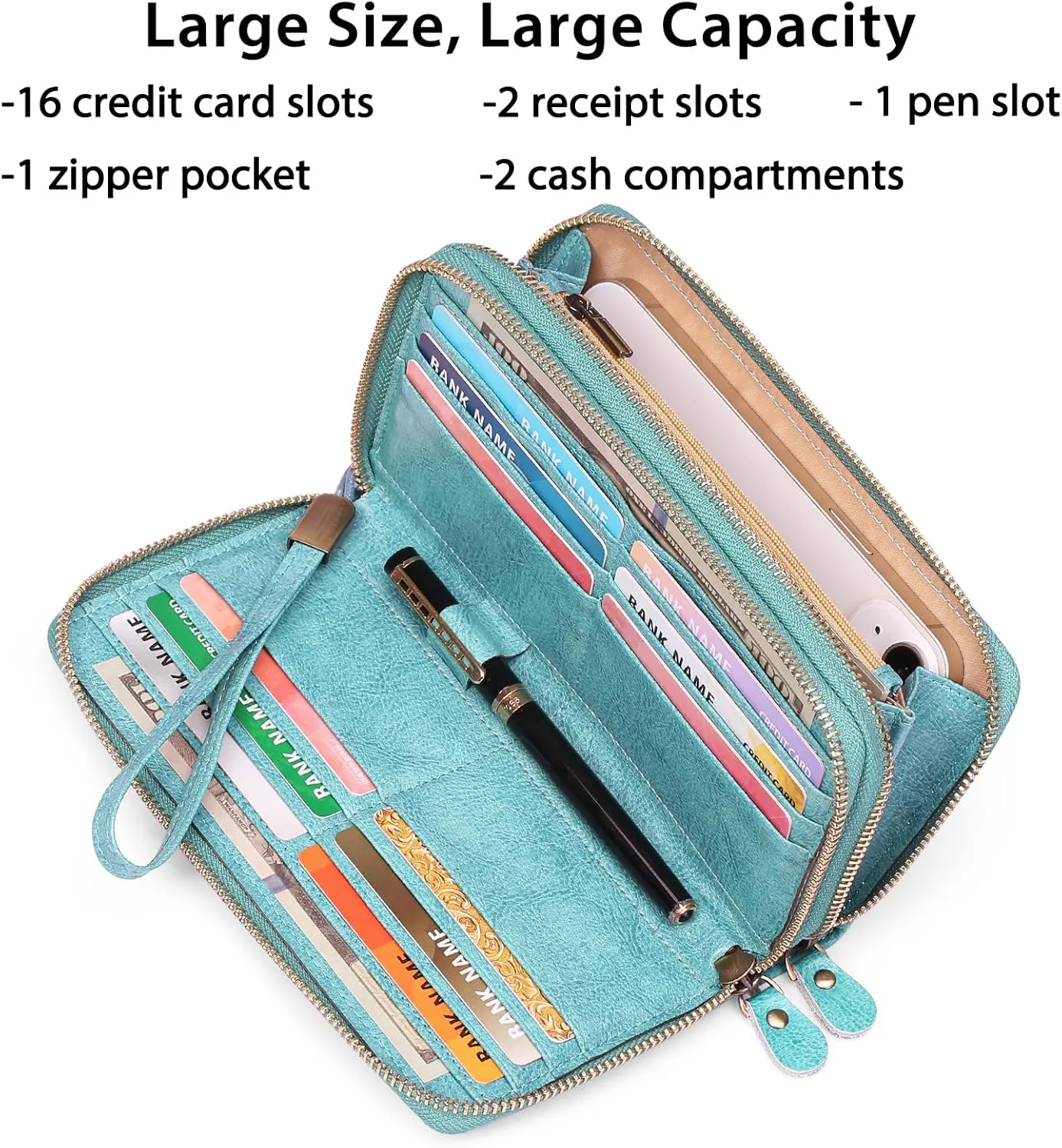 SENDEFN Leather Women Wallet RFID Blocking Zipper Around Phone Holder Clutch Wristlet Large Capacity