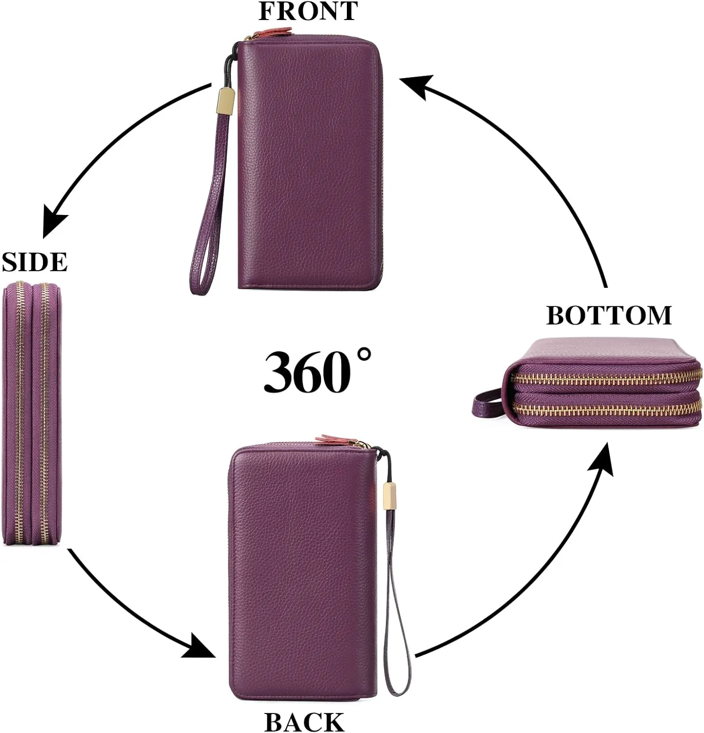 SENDEFN Leather Women Wallet RFID Blocking Zipper Around Phone Holder Clutch Wristlet Large Capacity