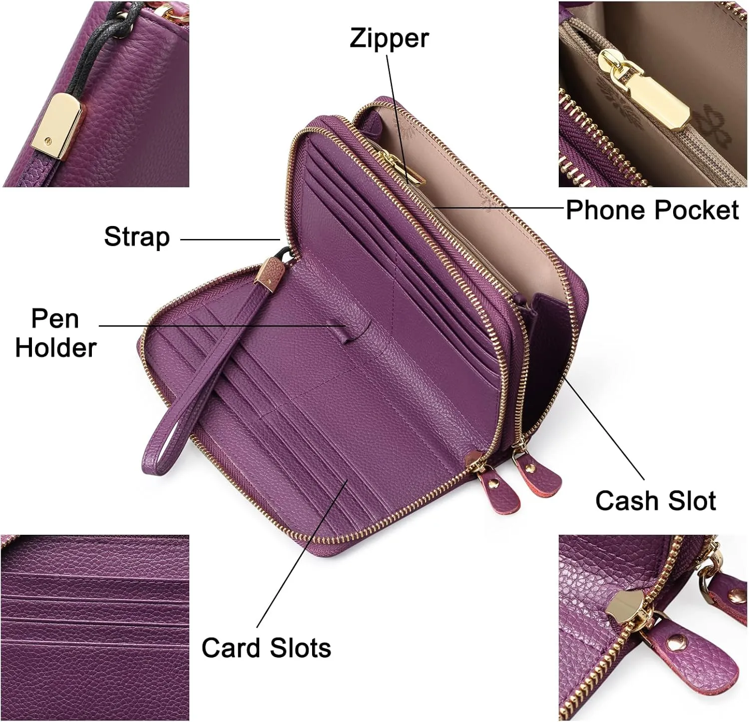 SENDEFN Leather Women Wallet RFID Blocking Zipper Around Phone Holder Clutch Wristlet Large Capacity