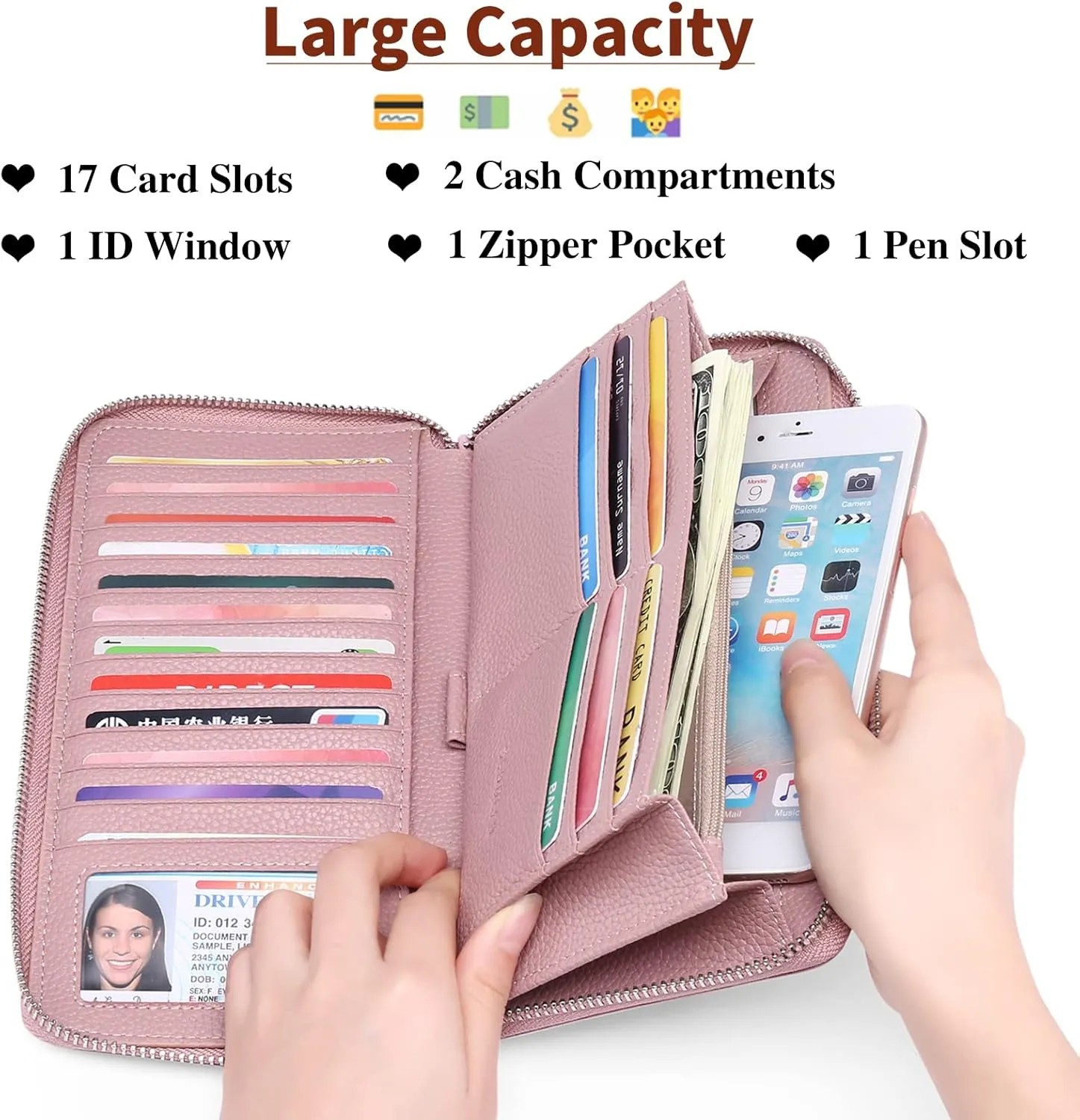 SENDEFN Leather Women's Wallets RFID Blocking Zip Around Large Capacity Long Credit Card Holder Wallet