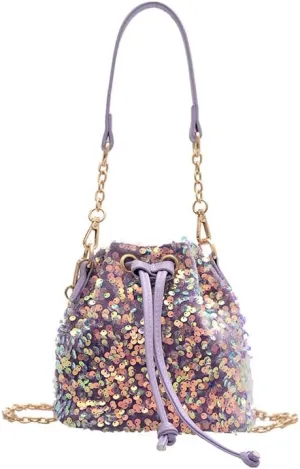 Sequin Bucket Bag Glitter Drawstring Shoulder Purse Bag Sparkle Mini Shopping Pouch Handbag with Detachable Chain Strap