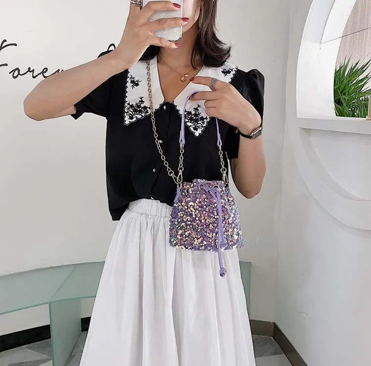 Sequin Bucket Bag Glitter Drawstring Shoulder Purse Bag Sparkle Mini Shopping Pouch Handbag with Detachable Chain Strap