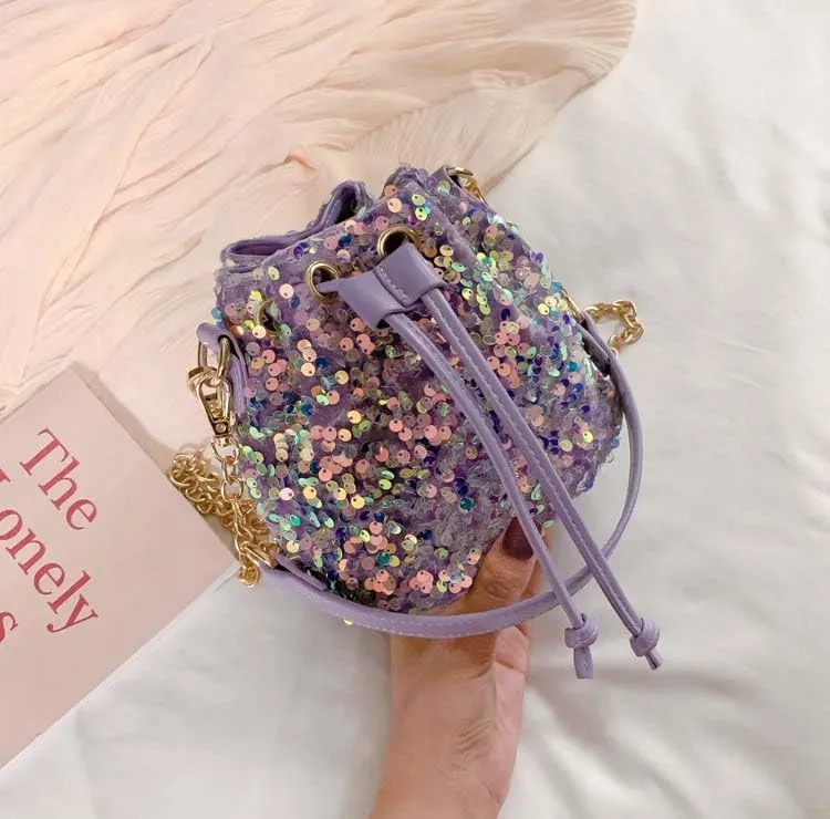 Sequin Bucket Bag Glitter Drawstring Shoulder Purse Bag Sparkle Mini Shopping Pouch Handbag with Detachable Chain Strap