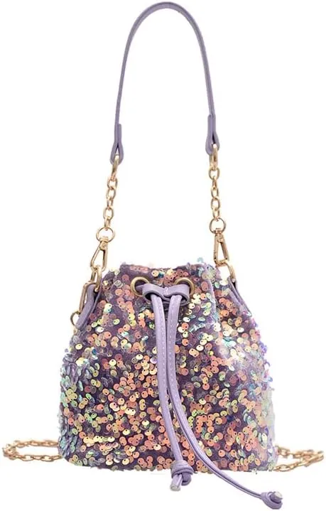 Sequin Bucket Bag Glitter Drawstring Shoulder Purse Bag Sparkle Mini Shopping Pouch Handbag with Detachable Chain Strap