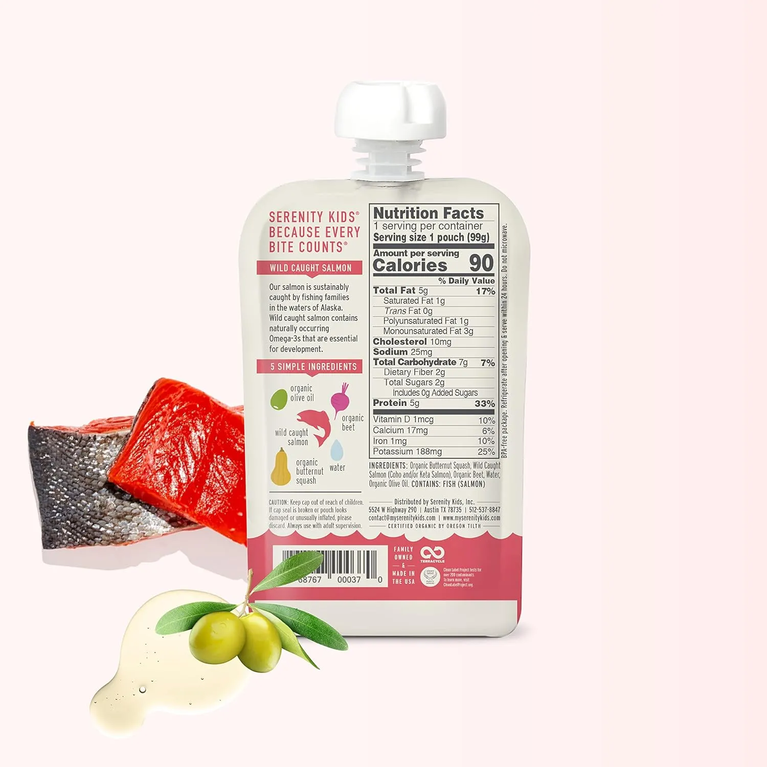 Serenity Kids 6  Month Baby Food Puree Pouch - Wild Caught Salmon, Organic Butternut Squash, Beet - 3.5 Oz, BPA-Free, 6 Pack - Baby Food Pouches