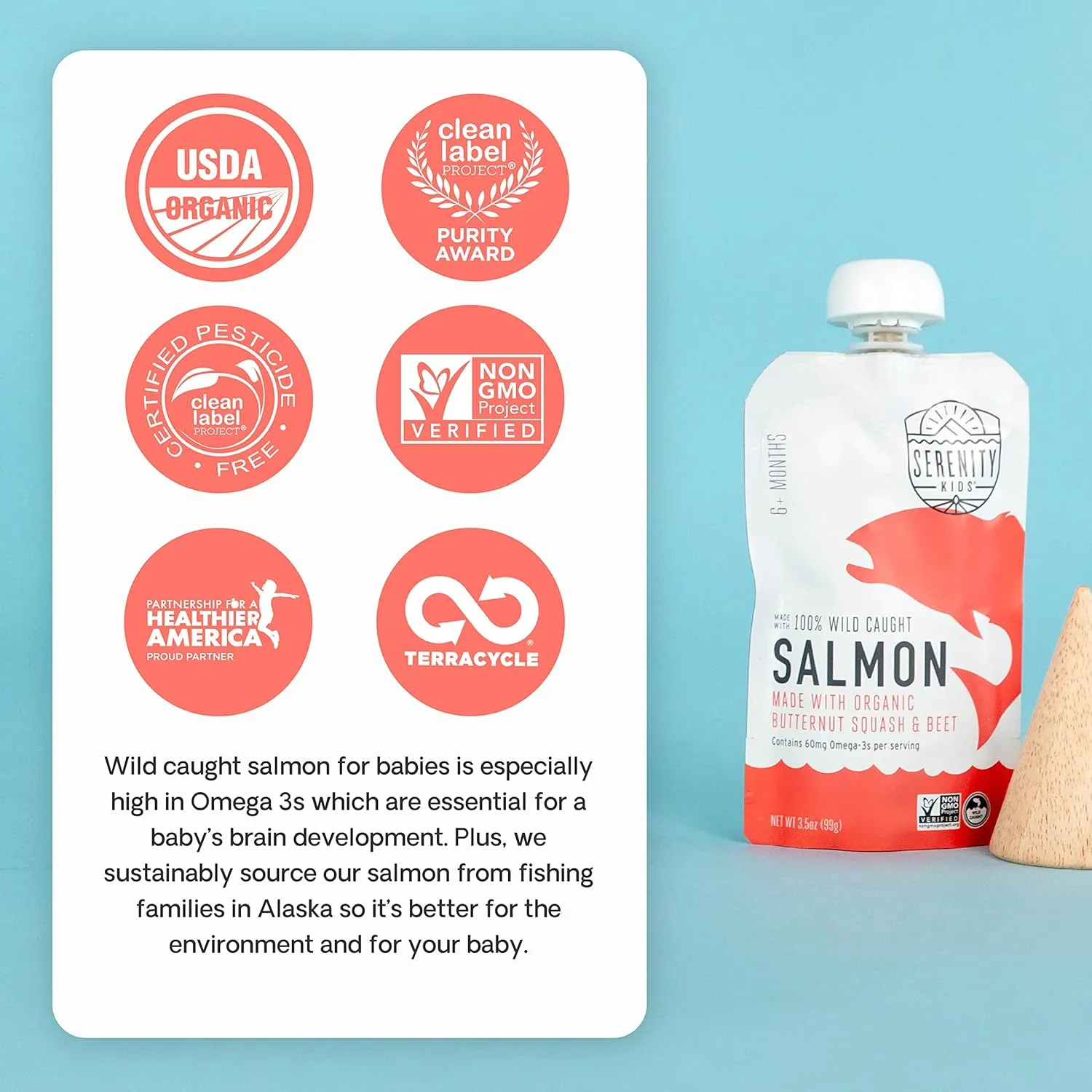 Serenity Kids 6  Month Baby Food Puree Pouch - Wild Caught Salmon, Organic Butternut Squash, Beet - 3.5 Oz, BPA-Free, 6 Pack - Baby Food Pouches
