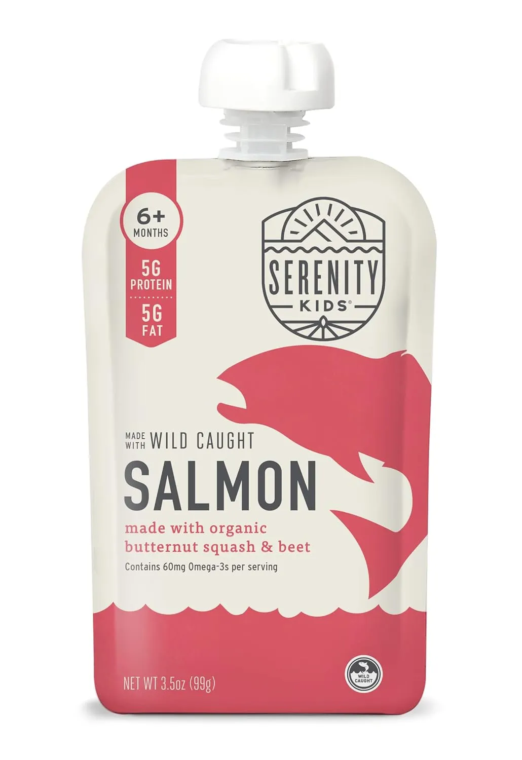 Serenity Kids 6  Month Baby Food Puree Pouch - Wild Caught Salmon, Organic Butternut Squash, Beet - 3.5 Oz, BPA-Free, 6 Pack - Baby Food Pouches