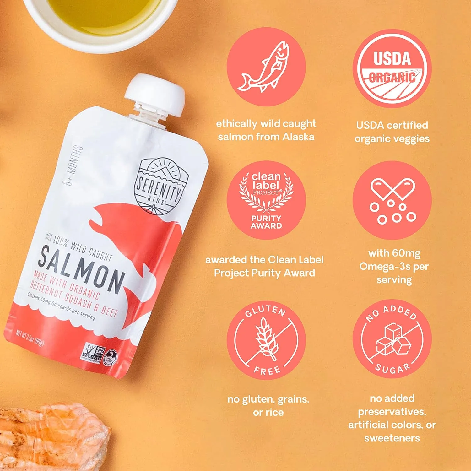 Serenity Kids 6  Month Baby Food Puree Pouch - Wild Caught Salmon, Organic Butternut Squash, Beet - 3.5 Oz, BPA-Free, 6 Pack - Baby Food Pouches