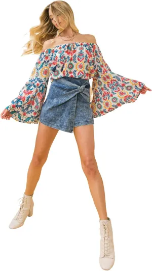 Sexy Off Shoulder Tropical Flower Print Relaxed Fit Blouse Top