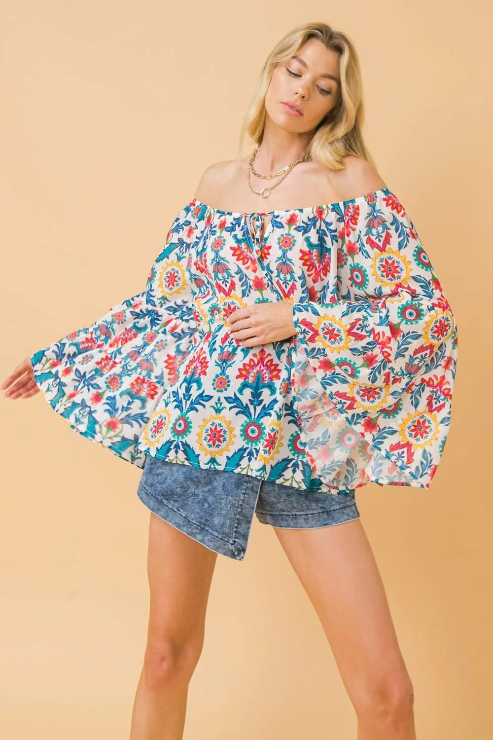 Sexy Off Shoulder Tropical Flower Print Relaxed Fit Blouse Top