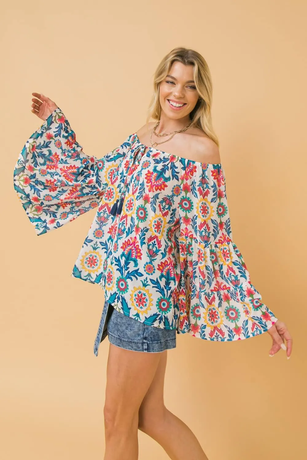 Sexy Off Shoulder Tropical Flower Print Relaxed Fit Blouse Top