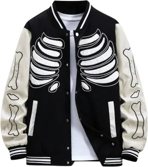 SHENHE Men's Skeleton Print Goth Varsity Jacket Color Block Y2k Button Baseball Jacket