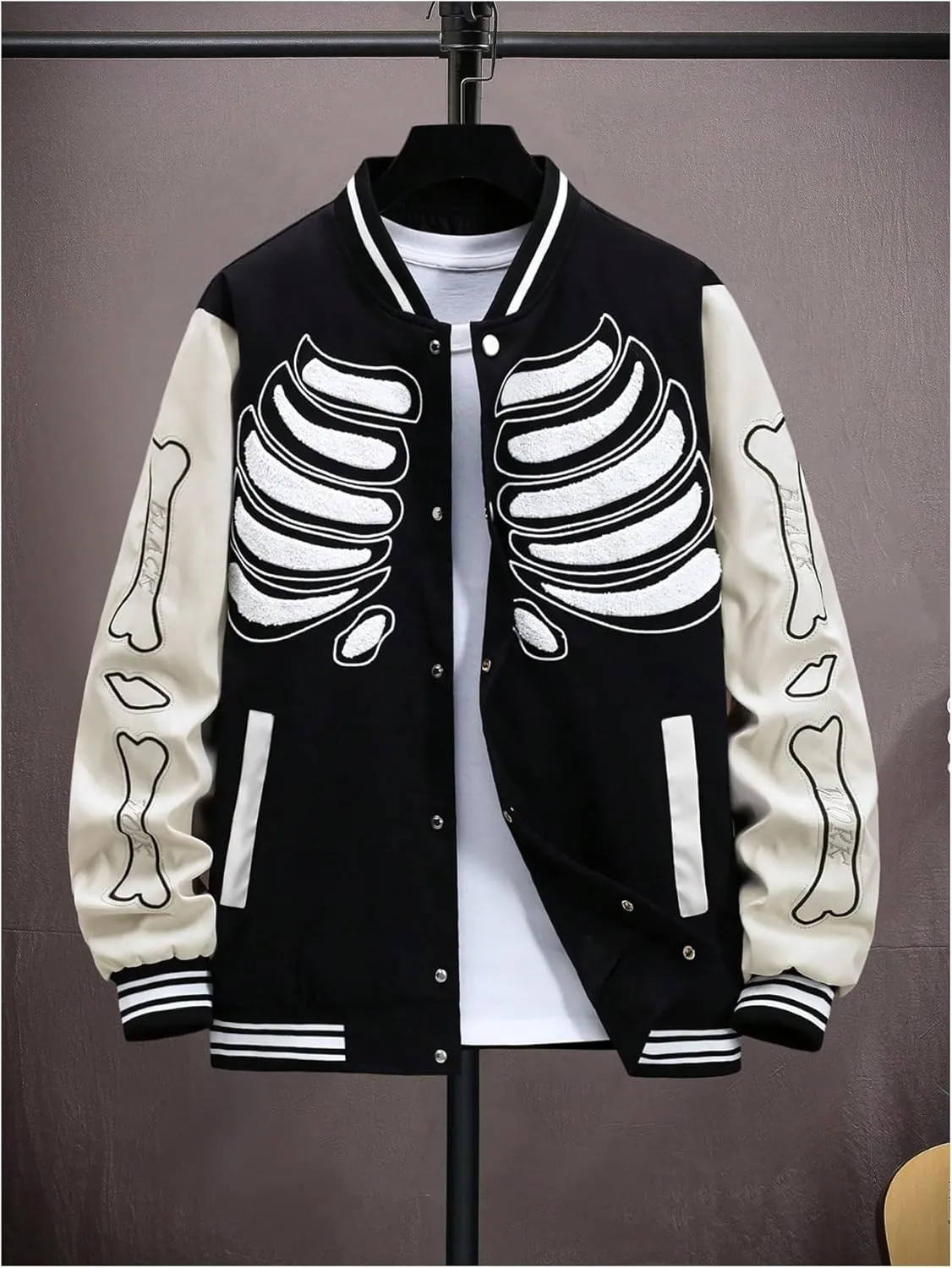 SHENHE Men's Skeleton Print Goth Varsity Jacket Color Block Y2k Button Baseball Jacket