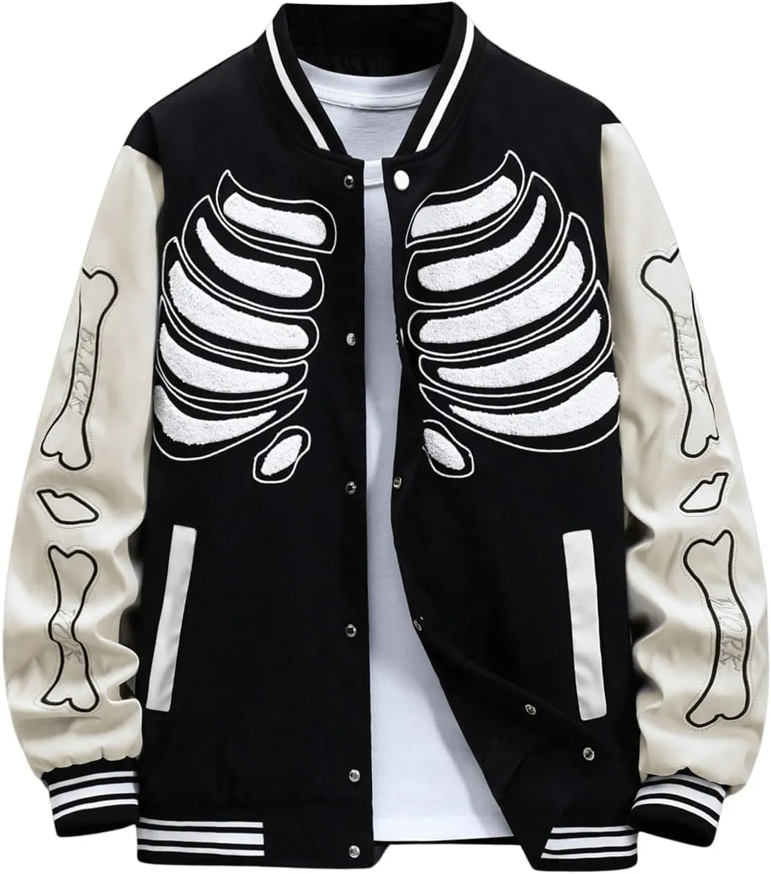 SHENHE Men's Skeleton Print Goth Varsity Jacket Color Block Y2k Button Baseball Jacket