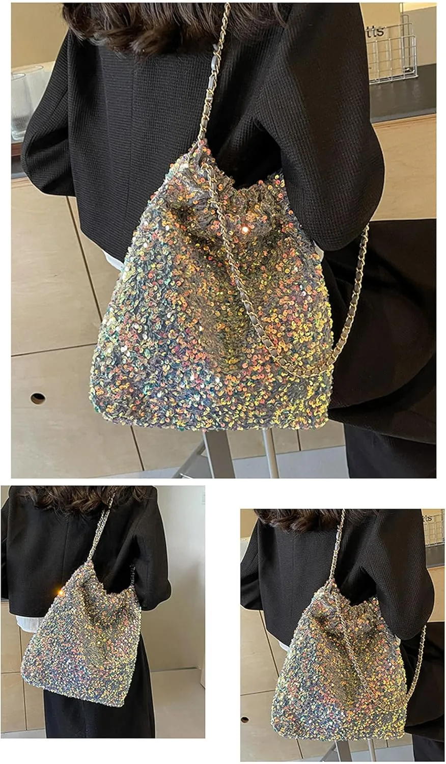 Shiny Hobo Shoulder Bag for Women Sparkle Sequins Chain Handbag Evening Bag Large Fashion Bling Tote Bags Satchel Purse