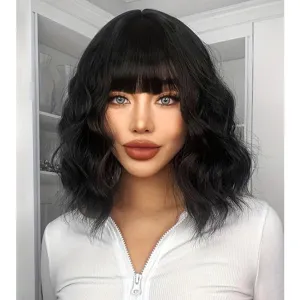 Short Bob Wavy Wig with Bangs for Women Black Color Wigs for Women Loose Curly Shoulder Length Bob Curly Women's Charming Synthetic Wigs Style Synthetic Fiber Wig (Black 12 Inch)
