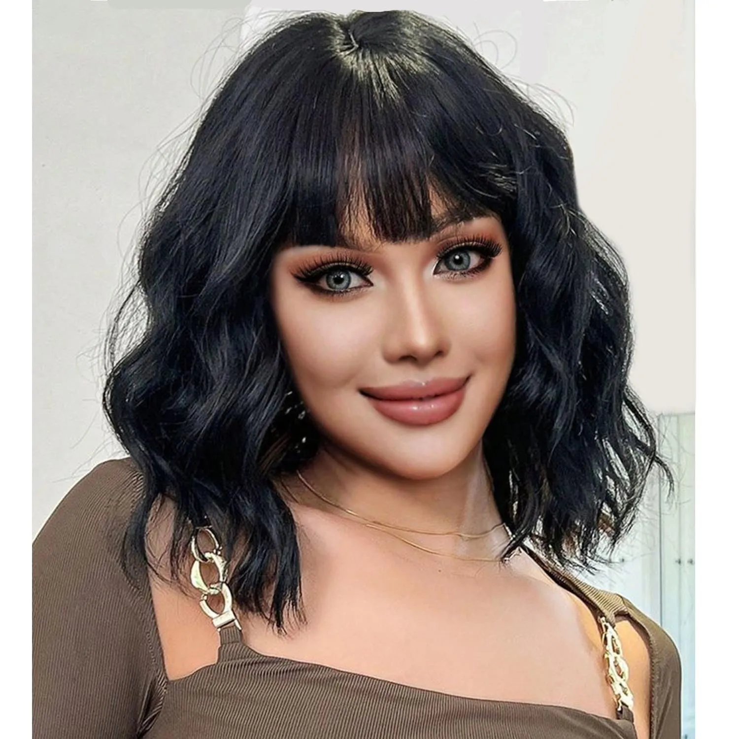 Short Bob Wavy Wig with Bangs for Women Black Color Wigs for Women Loose Curly Shoulder Length Bob Curly Women's Charming Synthetic Wigs Style Synthetic Fiber Wig (Black 12 Inch)