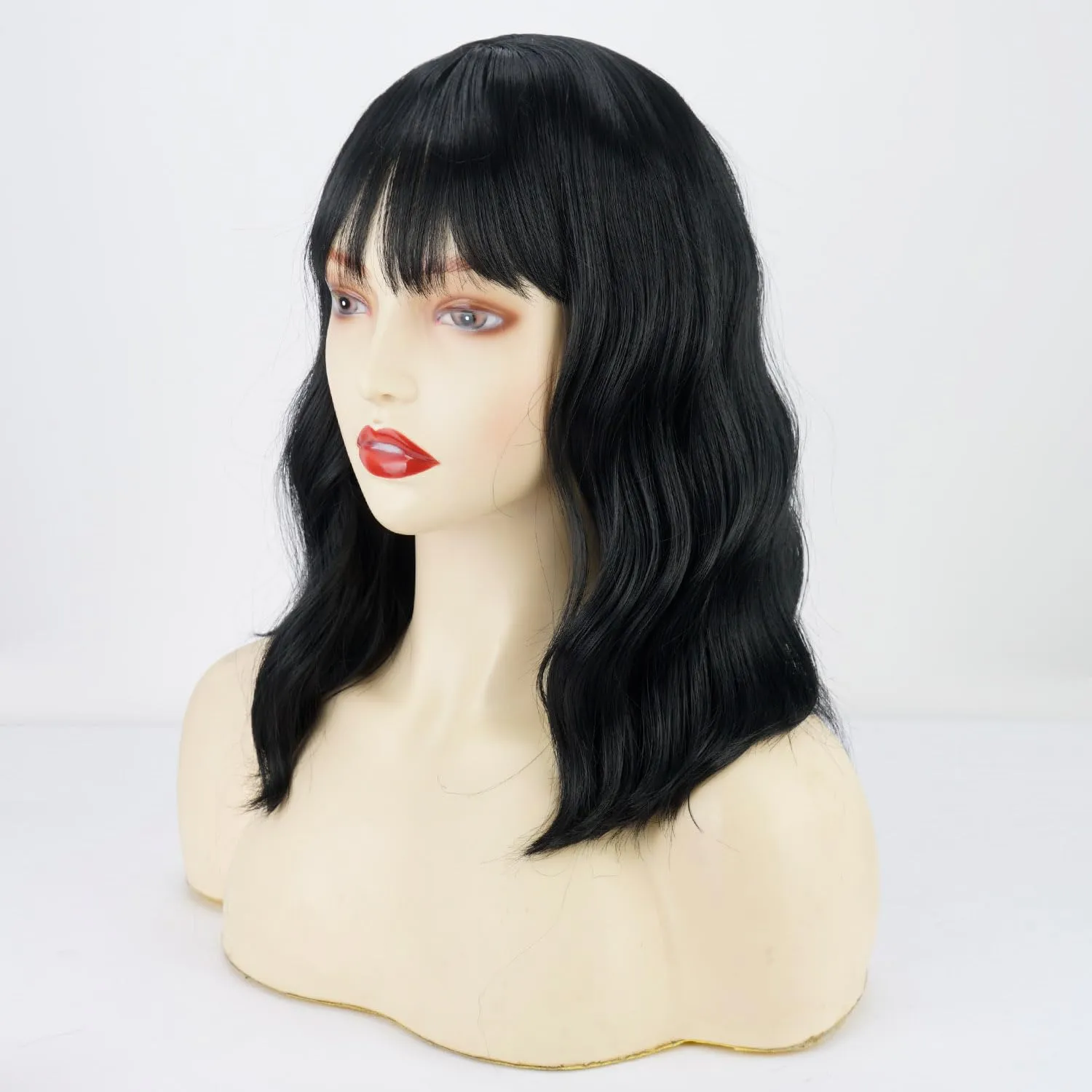 Short Bob Wavy Wig with Bangs for Women Black Color Wigs for Women Loose Curly Shoulder Length Bob Curly Women's Charming Synthetic Wigs Style Synthetic Fiber Wig (Black 12 Inch)