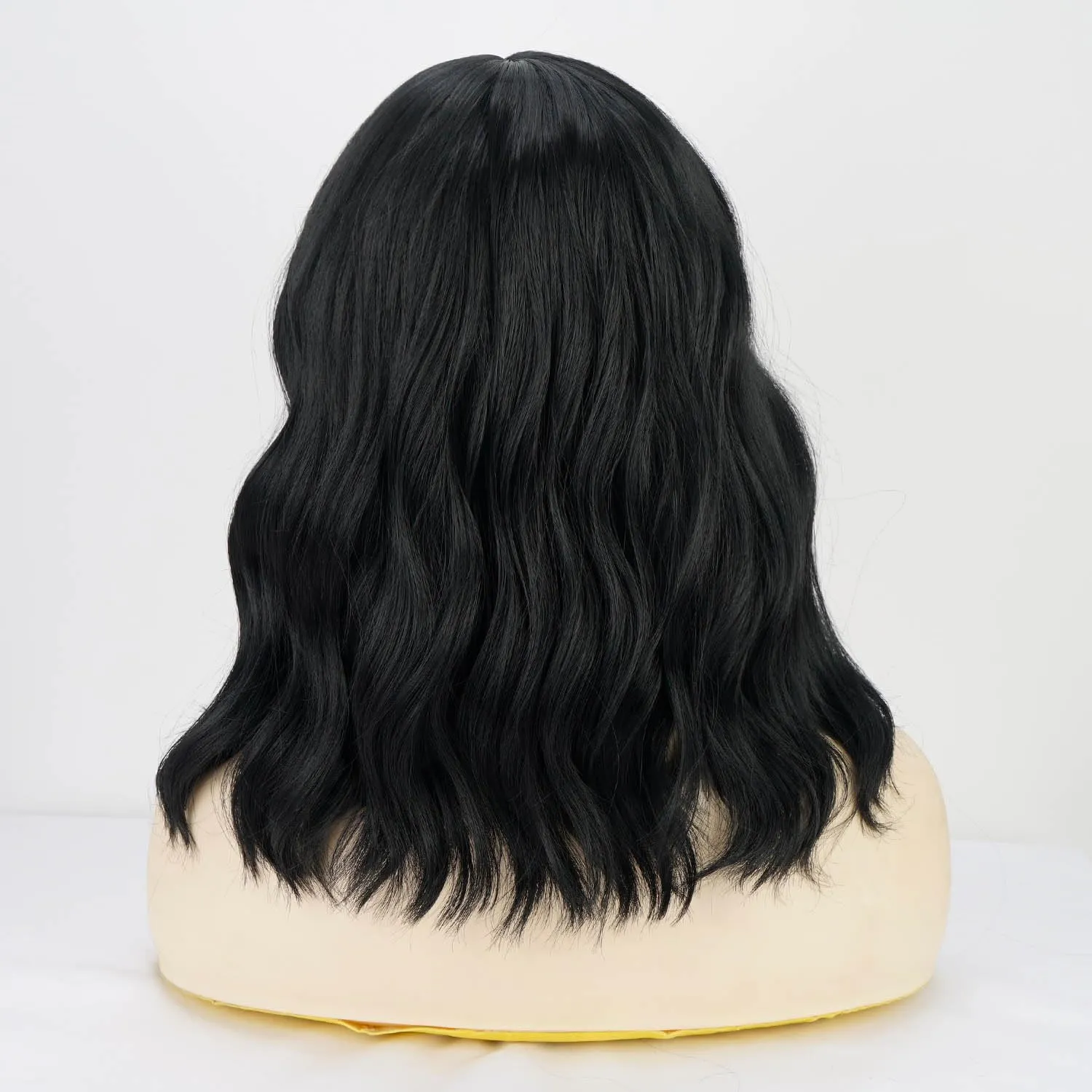 Short Bob Wavy Wig with Bangs for Women Black Color Wigs for Women Loose Curly Shoulder Length Bob Curly Women's Charming Synthetic Wigs Style Synthetic Fiber Wig (Black 12 Inch)