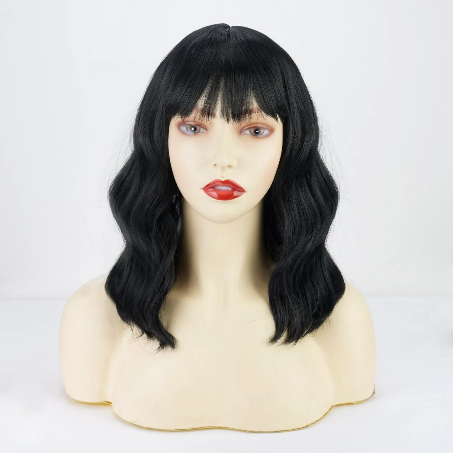 Short Bob Wavy Wig with Bangs for Women Black Color Wigs for Women Loose Curly Shoulder Length Bob Curly Women's Charming Synthetic Wigs Style Synthetic Fiber Wig (Black 12 Inch)