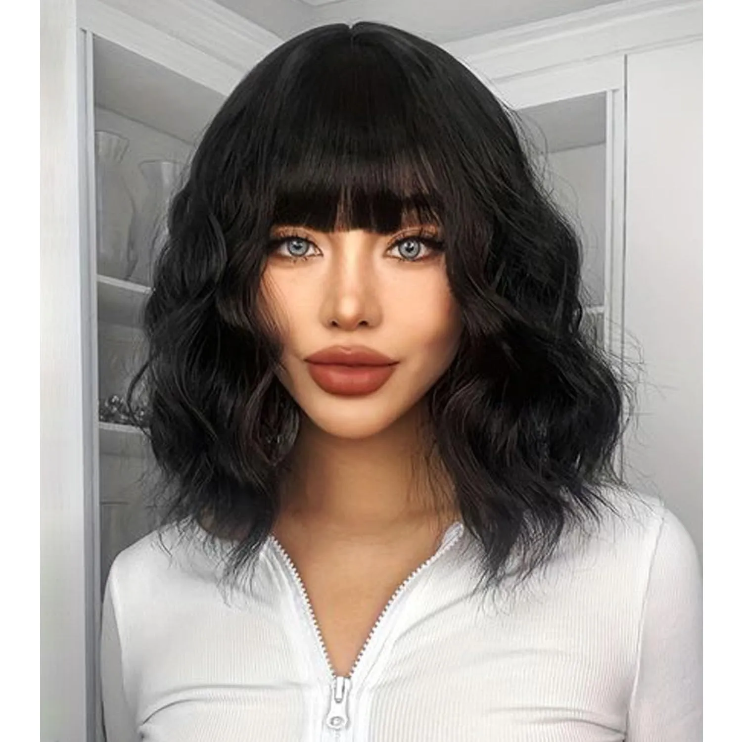 Short Bob Wavy Wig with Bangs for Women Black Color Wigs for Women Loose Curly Shoulder Length Bob Curly Women's Charming Synthetic Wigs Style Synthetic Fiber Wig (Black 12 Inch)