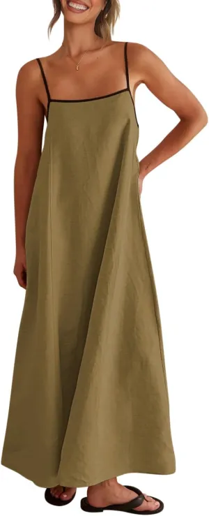 Shy Velvet Women's 2025 Summer Linen Maxi Dress Contrast Spaghetti Strap Dress Backless Sleeveless Casual Party Beach Dresses