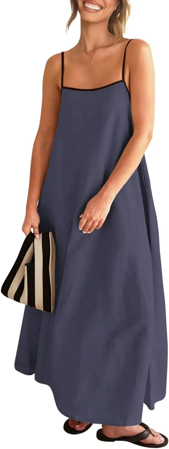 Shy Velvet Women's 2025 Summer Linen Maxi Dress Contrast Spaghetti Strap Dress Backless Sleeveless Casual Party Beach Dresses