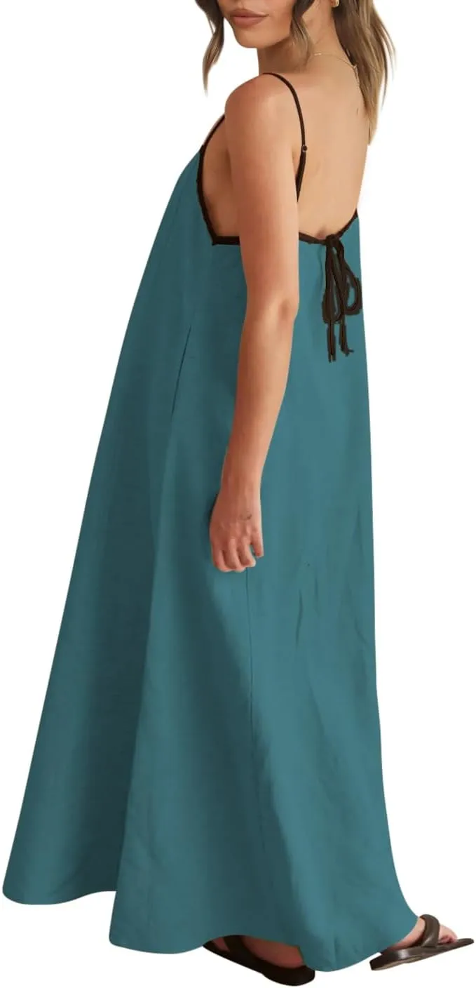 Shy Velvet Women's 2025 Summer Linen Maxi Dress Contrast Spaghetti Strap Dress Backless Sleeveless Casual Party Beach Dresses