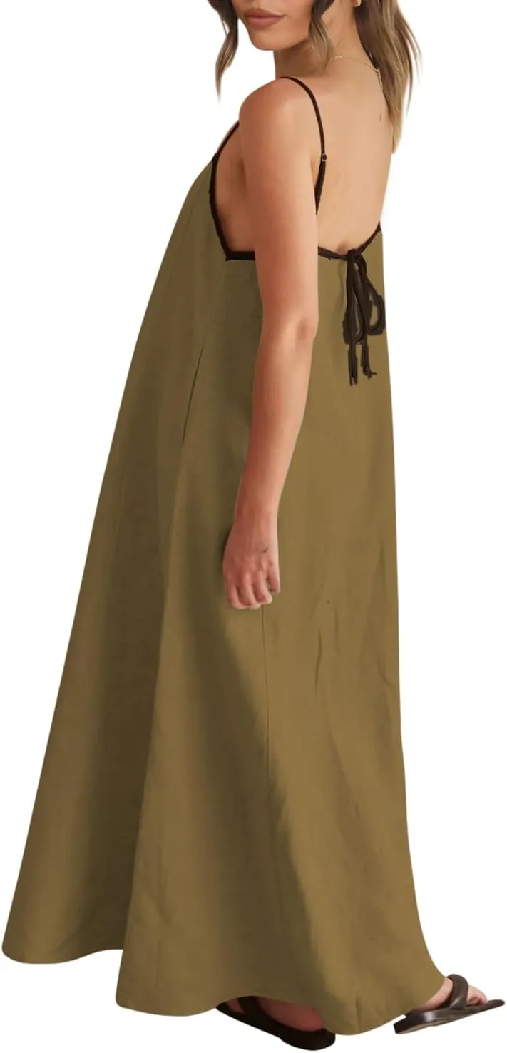Shy Velvet Women's 2025 Summer Linen Maxi Dress Contrast Spaghetti Strap Dress Backless Sleeveless Casual Party Beach Dresses