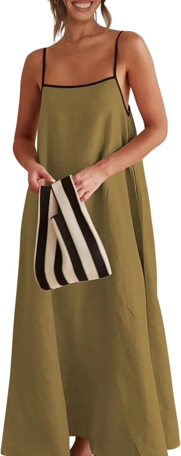 Shy Velvet Women's 2025 Summer Linen Maxi Dress Contrast Spaghetti Strap Dress Backless Sleeveless Casual Party Beach Dresses