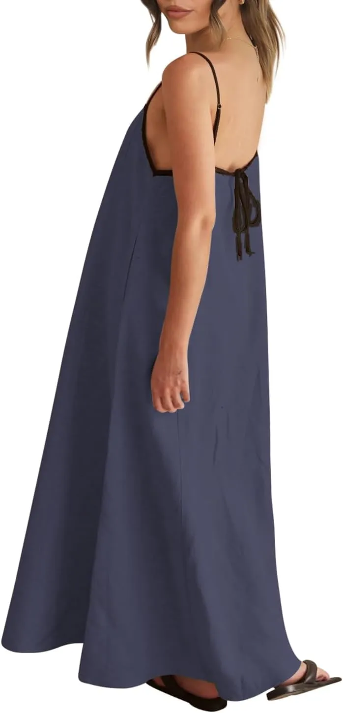 Shy Velvet Women's 2025 Summer Linen Maxi Dress Contrast Spaghetti Strap Dress Backless Sleeveless Casual Party Beach Dresses
