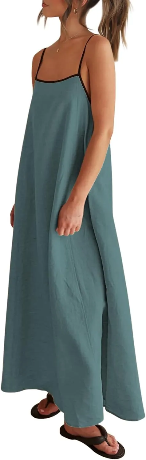 Shy Velvet Women's 2025 Summer Linen Maxi Dress Contrast Spaghetti Strap Dress Backless Sleeveless Casual Party Beach Dresses