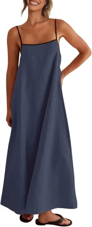 Shy Velvet Women's 2025 Summer Linen Maxi Dress Contrast Spaghetti Strap Dress Backless Sleeveless Casual Party Beach Dresses