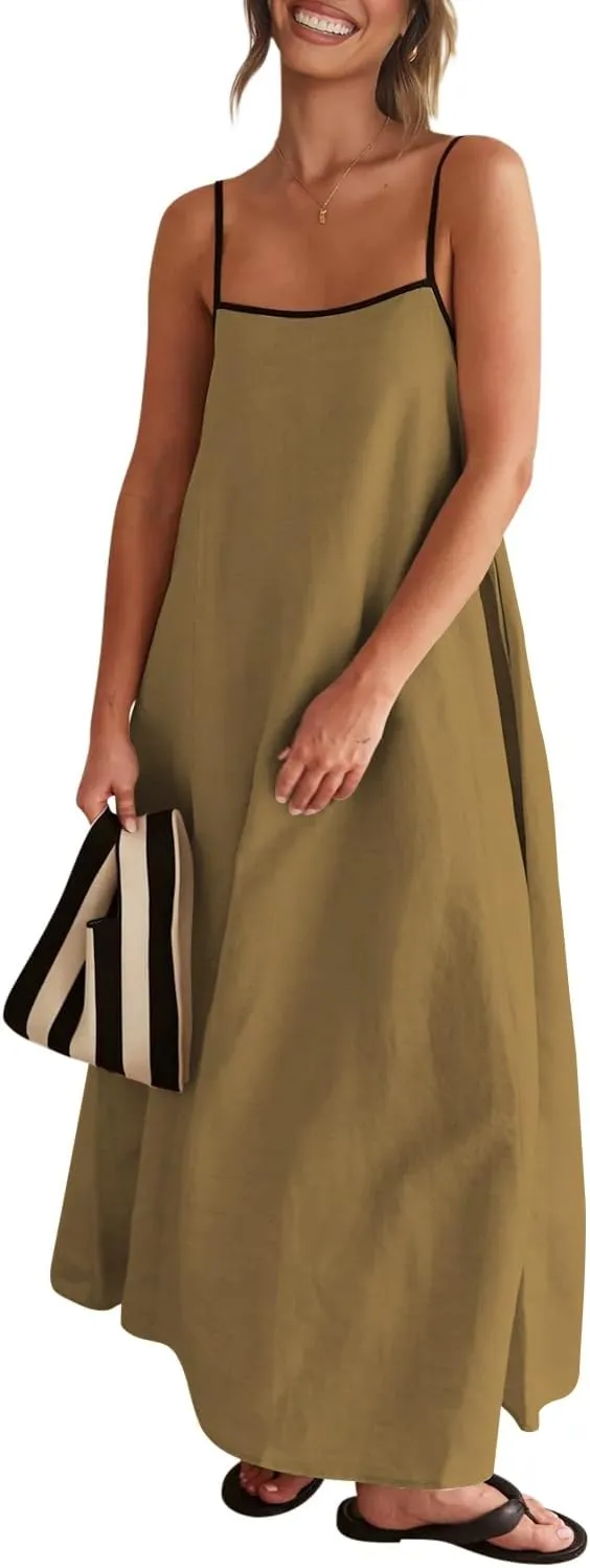 Shy Velvet Women's 2025 Summer Linen Maxi Dress Contrast Spaghetti Strap Dress Backless Sleeveless Casual Party Beach Dresses