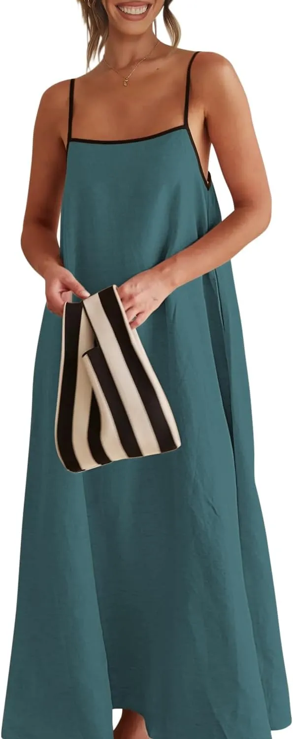 Shy Velvet Women's 2025 Summer Linen Maxi Dress Contrast Spaghetti Strap Dress Backless Sleeveless Casual Party Beach Dresses