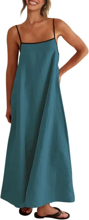 Shy Velvet Women's 2025 Summer Linen Maxi Dress Contrast Spaghetti Strap Dress Backless Sleeveless Casual Party Beach Dresses