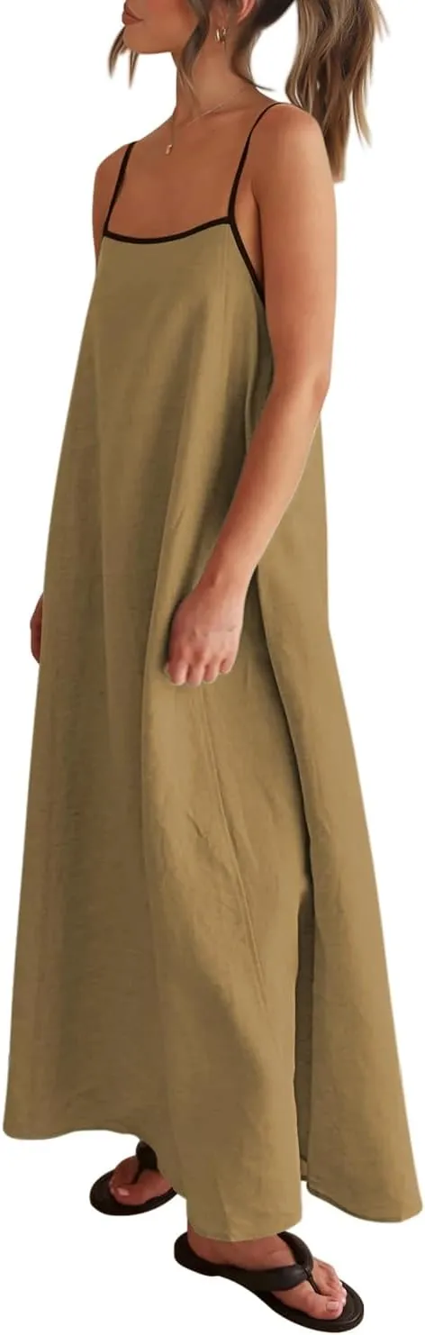 Shy Velvet Women's 2025 Summer Linen Maxi Dress Contrast Spaghetti Strap Dress Backless Sleeveless Casual Party Beach Dresses