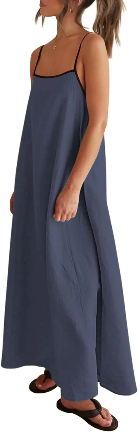 Shy Velvet Women's 2025 Summer Linen Maxi Dress Contrast Spaghetti Strap Dress Backless Sleeveless Casual Party Beach Dresses