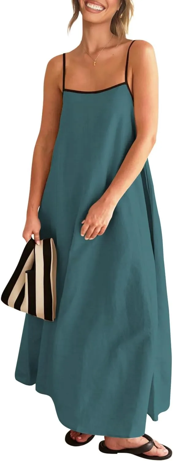 Shy Velvet Women's 2025 Summer Linen Maxi Dress Contrast Spaghetti Strap Dress Backless Sleeveless Casual Party Beach Dresses
