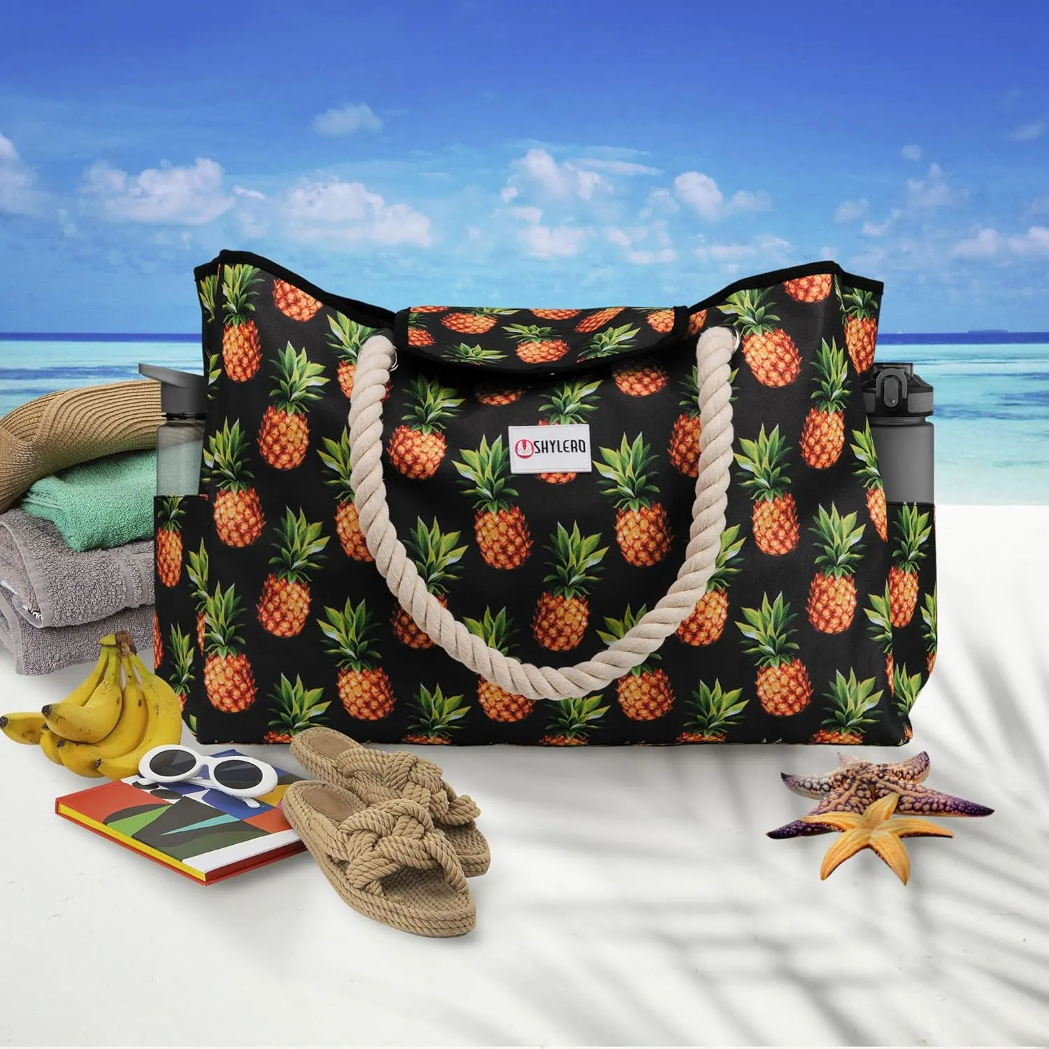 SHYLERO Beach Bag and Pool Bag Has Airtight Pouch, Magnetic Snap Closure. Beach Tote is Water Resistant. Family Size